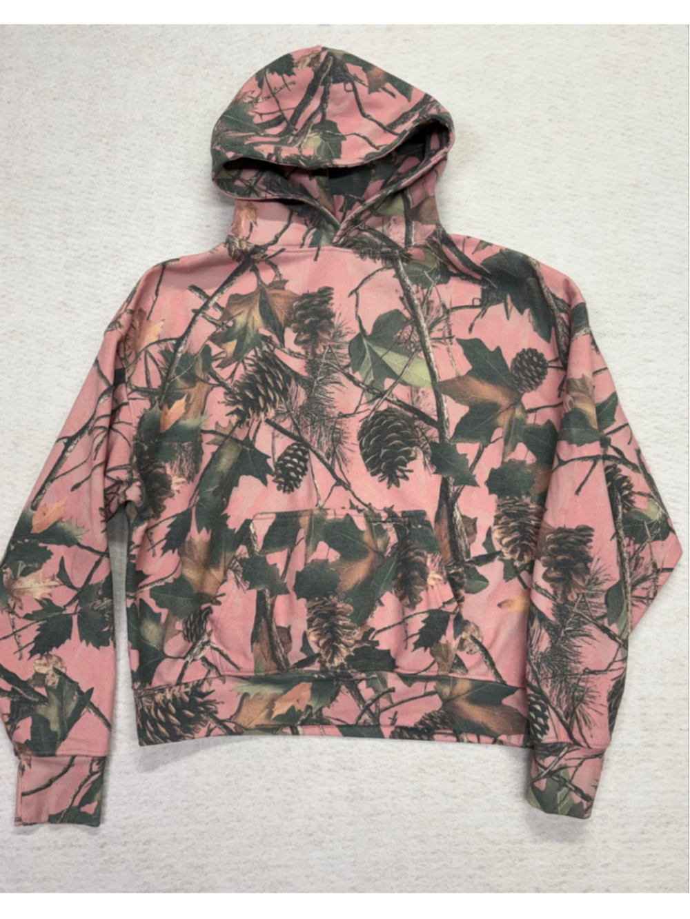 Urban Outfitters Woodland Camo Hoodie XS Pink Tree Pinecone Oversized Pullover
